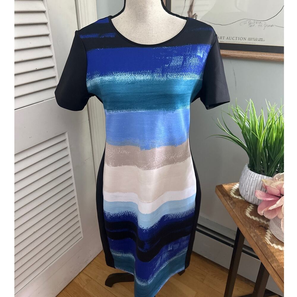 Reed Dress Medium Blue Abstract Stripe Print Scuba Sheath Artsy Cocktail